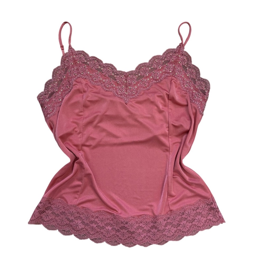 Vtg Pink Lace Trim Beaded Camisole‎ Top Y2K Bella Swan Large fairy baddie